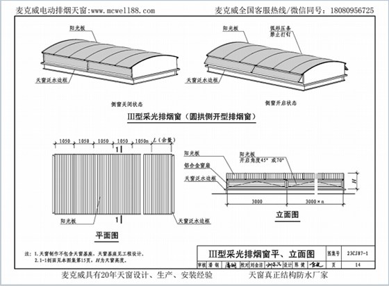 23CJ87-1采光、通風(fēng)、消防排煙天窗（一）中III型側(cè)開式圓拱型電動采光排煙天窗