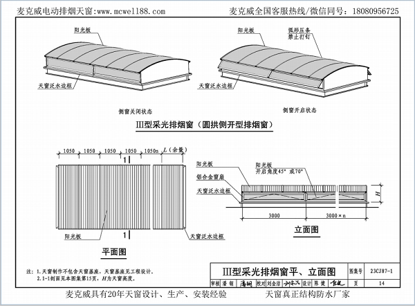 23CJ87-1采光、通風(fēng)、消防排煙天窗（一）中III型側(cè)開式圓拱型電動采光排煙天窗