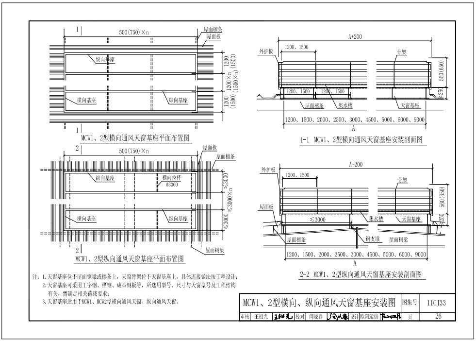 11cj33MCW1、2型橫向、縱向通風(fēng)天窗基座安裝圖